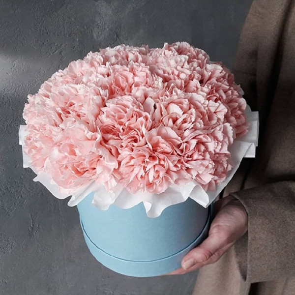 Цветы в коробке «21 розовая гвоздика»